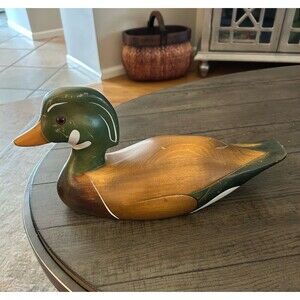 Vintage Signed Hummel Hand Carved And Painted 12” Wood Duck Glass Eyes
